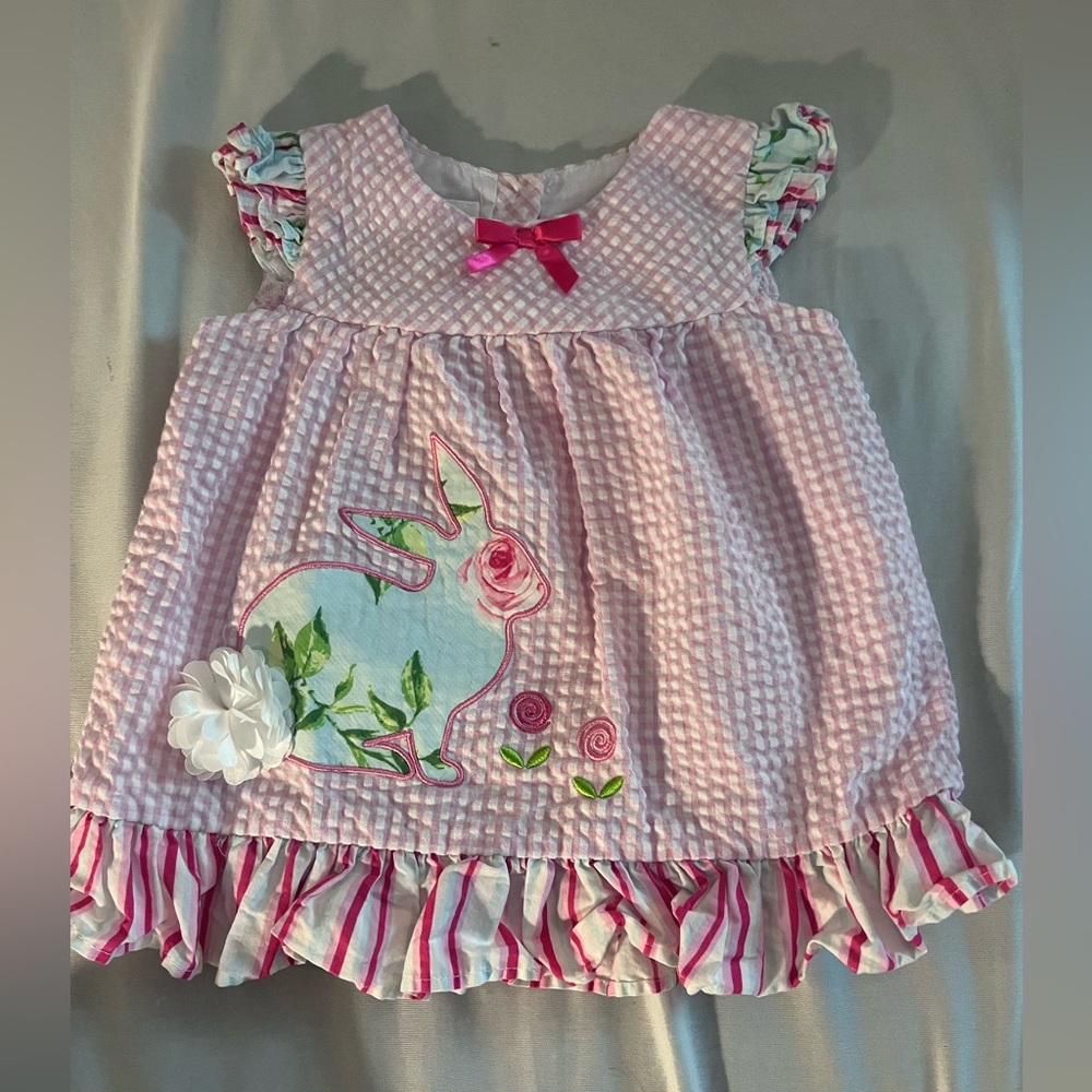 Vintage Bonnie Baby Pink Checkered Dress with Bow and Embroidered Bunny